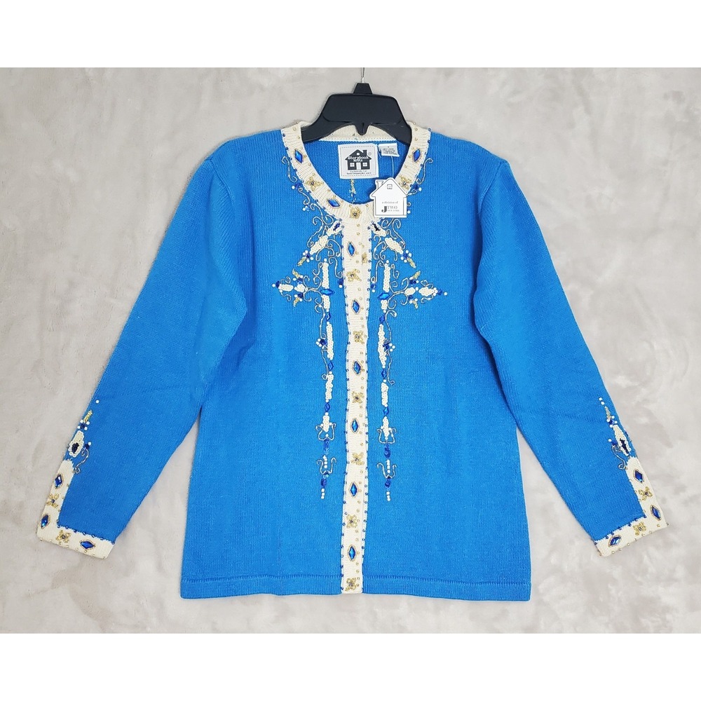 Storybook Knits Embellished Cardigan Size S Turquoise & Cream Beaded Sweater NWT
